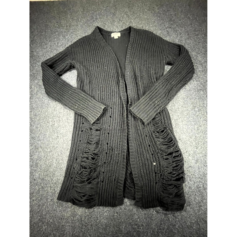 Arizona Jean Co Long Cardigan Sweater Women Medium Black Y2K Distressed Shredded